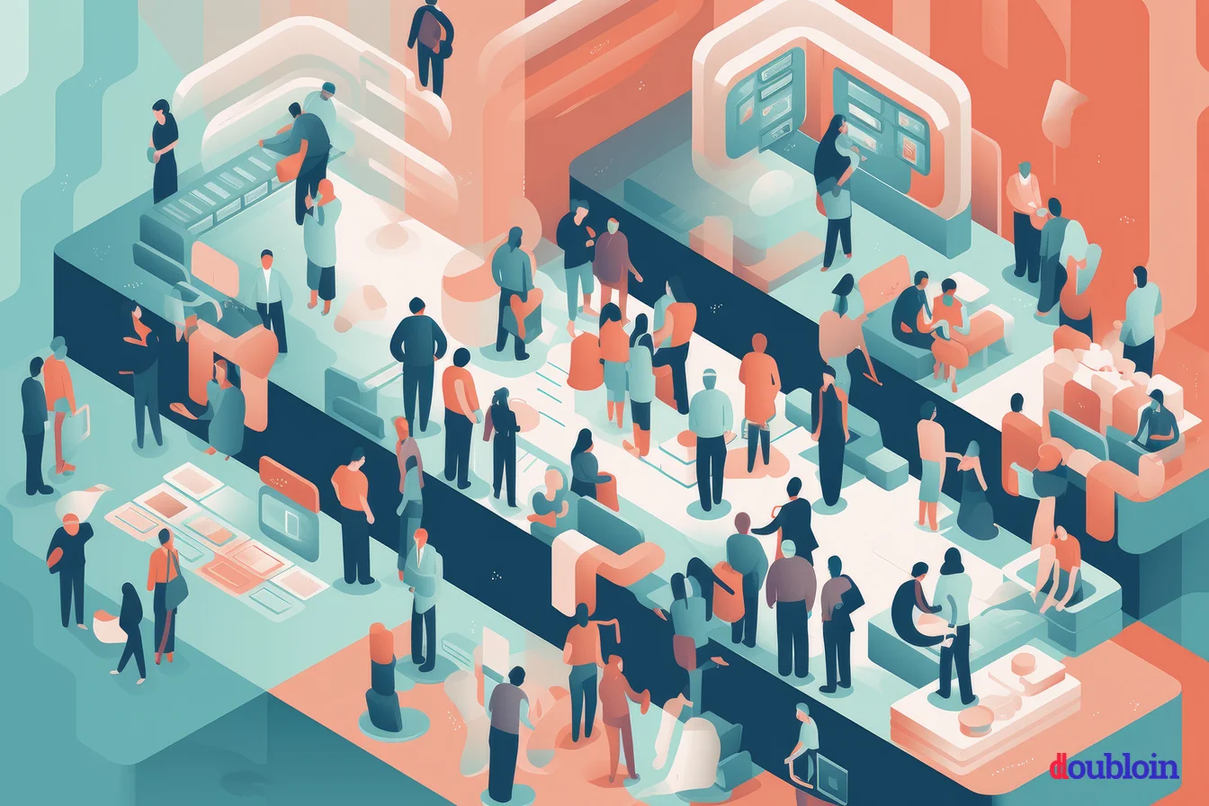 An isometric illustration of people in an office discussing the benefits of a decentralized exchange over a centralized one.