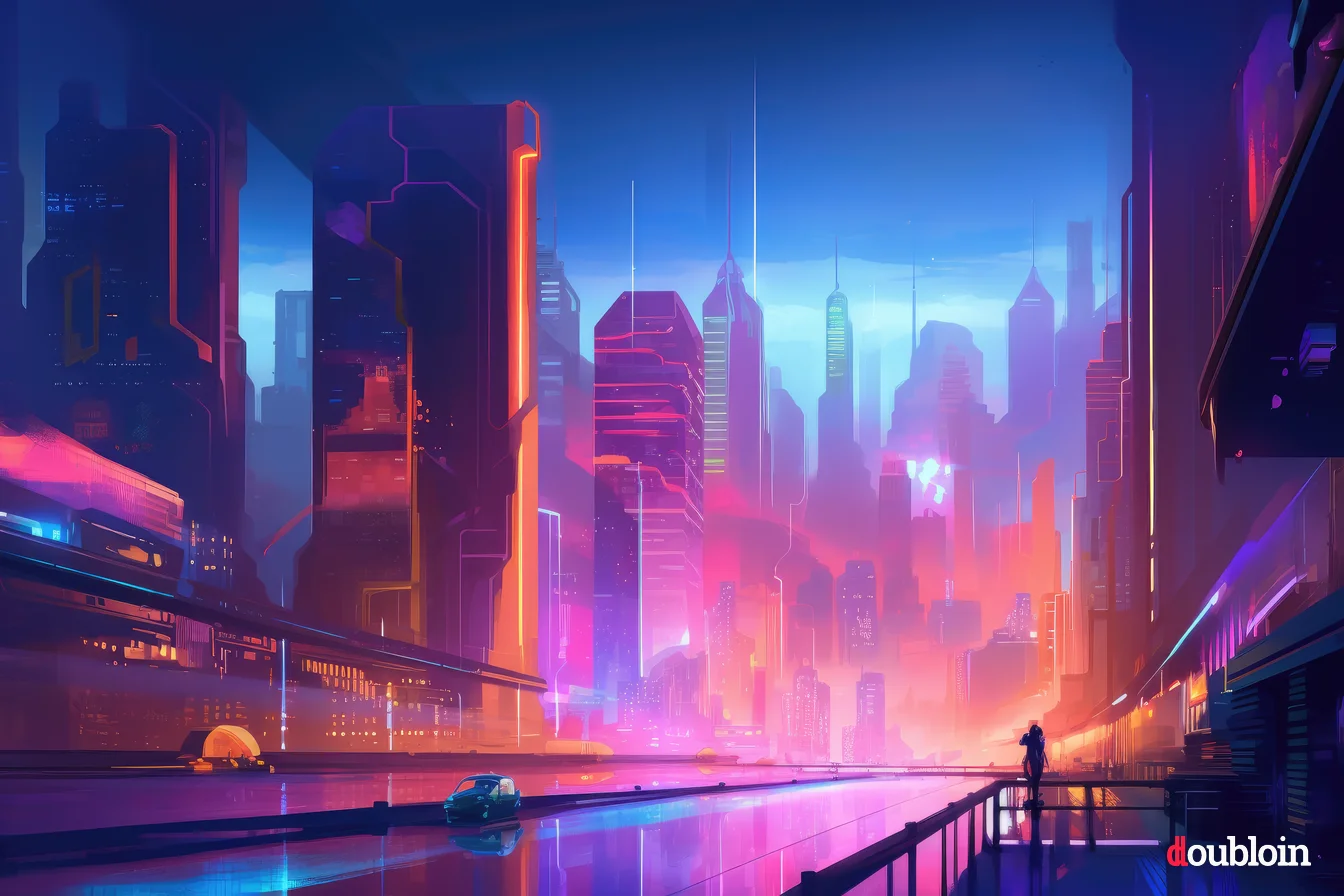 A picture displaying a futuristic cityscape during the nighttime.