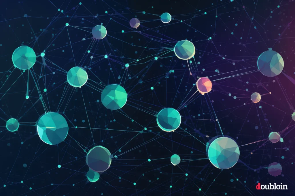 An image of a network of dots and circles representing the Ripple cryptocurrency (XRP).
