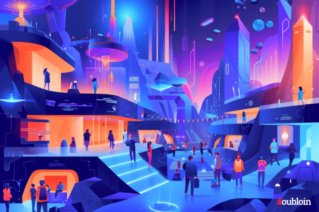 A group of people in a futuristic city, trading with Litecoin, the prominent Digital Silver.